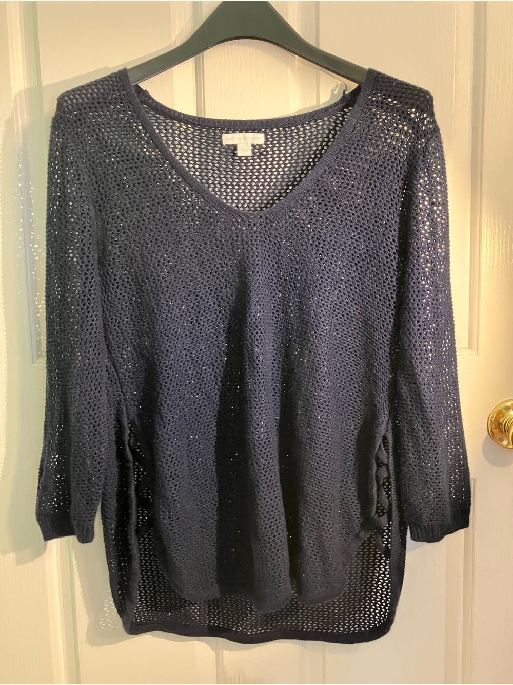 New York & Company Navy Open-Knit V-Neck Sweater